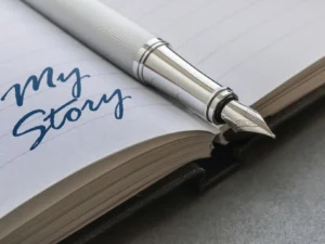 A photo of pen on diary with writing 'personal story' on article 'My Parents Are Divorcing -5 Lessons That Helped Me Heal '